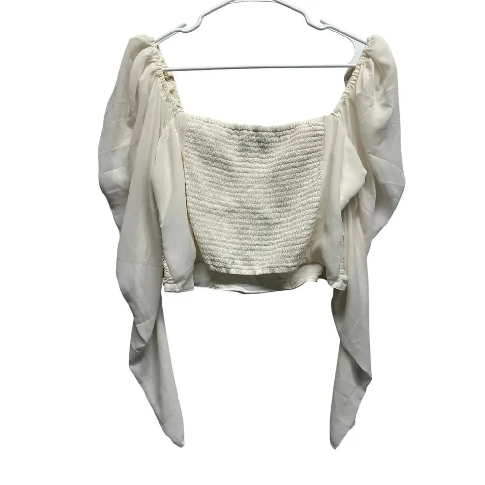 Abercrombie & Fitch White Ruched Puff Sleeve Crop Blouse L Romantic Peasant Top